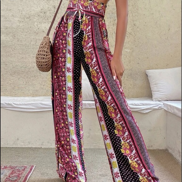 Boho Paisley Floral Polka Dot Print High Waist Rise Palazzo Wide Leg Pants - Picture 9 of 11